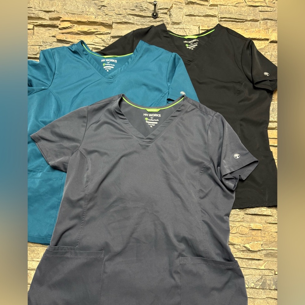 Healing Hands HH Monica Scrub Top XL Lot Of 3 Moisture Wicking Gray Black Teal